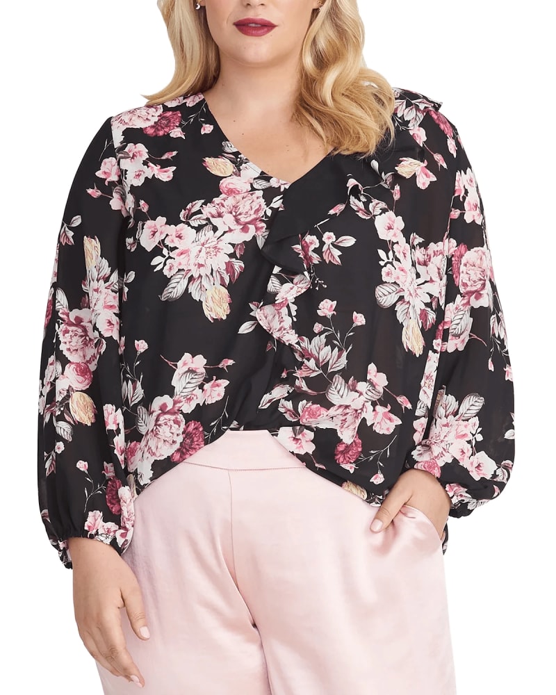 Front of a model wearing a size 0X Rachel Roy Women's Trendy Plus Size Layla Floral-Print Top Black Size 0X in Black by Rachel Roy. | dia_product_style_image_id:311475